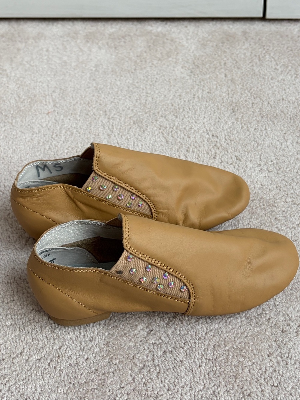 Revolution Kids Dance Slip-On Shoes in Tan with Iridescent Studs